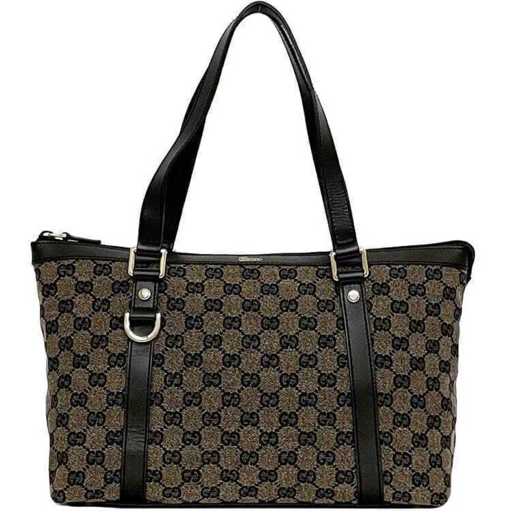 Gucci Tote Bag Brown Dark Canvas Leather GG Zip Shoulder